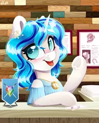 Size: 4000x5000 | Tagged: safe, artist:rainbowfire, derpibooru import, oc, unofficial characters only, fluffy pony, pony, unicorn, background, beautiful, blue eyes, blue mane, blushing, chest fluff, clothes, complex background, confused, cute, decoration, desk, desktop, detailed, detailed background, diamond, dress, dressup, ear fluff, ear piercing, earring, emblem, female, fluffy, frog (hoof), gold, hooves, horn, image, jewelry, looking at you, mare, medallion, necklace, open mouth, paper, photo, piercing, png, raised hoof, saloon, say anything, smiling, smiling at you, solo, standing, standing on two hooves, towel, tree, underhoof, wall, white