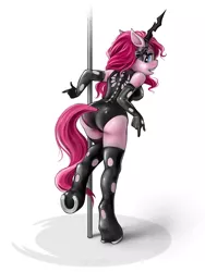 Size: 900x1200 | Tagged: suggestive, artist:vyazinrei, derpibooru import, pinkie pie, anthro, changeling, earth pony, unguligrade anthro, 2020, ass, balloonbutt, breasts, busty pinkie pie, butt, changeling costume, clothes, costume, horseshoes, image, latex, latex suit, looking at you, looking back, looking back at you, old art, open mouth, open smile, png, pole, smiling, solo