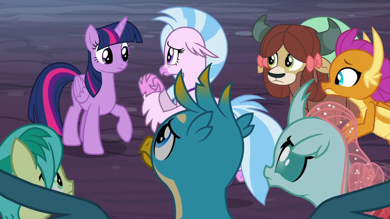 Size: 1277x718 | Tagged: safe, derpibooru import, screencap, gallus, ocellus, sandbar, silverstream, smolder, twilight sparkle, yona, alicorn, changedling, changeling, classical hippogriff, dragon, earth pony, gryphon, hippogriff, pony, yak, uprooted, image, png, student six