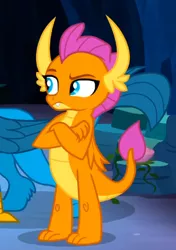 Size: 323x460 | Tagged: safe, derpibooru import, screencap, gallus, smolder, dragon, gryphon, uprooted, cropped, crossed arms, dragoness, female, image, offscreen character, png, raised eyebrow, solo focus