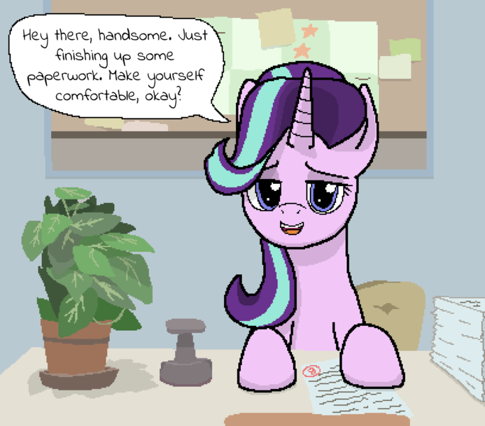 Size: 1221x1071 | Tagged: safe, artist:realdash, derpibooru import, phyllis, starlight glimmer, pony, unicorn, bedroom eyes, cute, dialogue, explicit source, female, glimmerbetes, image, looking at you, mare, office, open mouth, png, school of friendship, sitting, solo, stamp, starlight's office, story included, talking to viewer