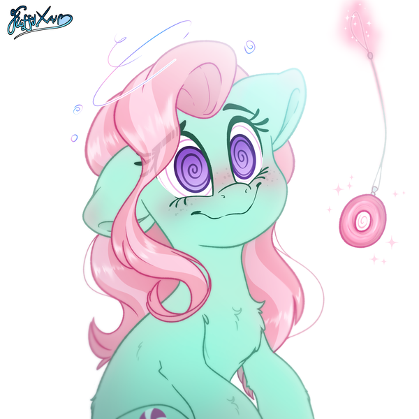 Size: 3000x3000 | Tagged: safe, artist:fluffyxai, derpibooru import, minty, earth pony, pony, blushing, ear blush, female, hypnosis, hypnotized, image, magic, mare, png, simple background, smiling, swirly eyes, telekinesis, white background