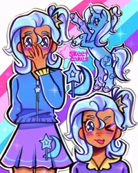 Size: 640x800 | Tagged: safe, artist:skeetcakesworld, derpibooru import, trixie, human, pony, unicorn, equestria girls, blushing, clothes, cute, cutie mark, cutie mark on clothes, diatrixes, female, hairpin, image, jpeg, one eye closed, skirt, solo, tail, wink