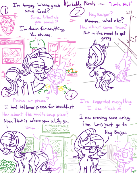 Size: 4779x6013 | Tagged: safe, artist:adorkabletwilightandfriends, derpibooru import, spike, starlight glimmer, comic:adorkable twilight and friends, adorkable, adorkable friends, bush, butt, comic, conversation, cute, dork, downtown, flower, friendship, happy, high angle, image, perspective, plot, png, pointing, ponyville, question, restaurant, sidewalk, slice of life, sugarcube corner, tail, town, walking