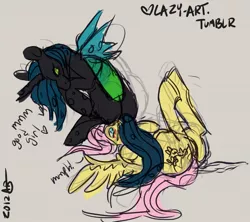 Size: 1280x1138 | Tagged: suggestive, artist:lustylamb, derpibooru import, fluttershy, queen chrysalis, pegasus, pony, blushing, butt, dialogue, faceful of ass, facesitting, female, females only, flutterseat, good girl, image, jpeg, plot, signature