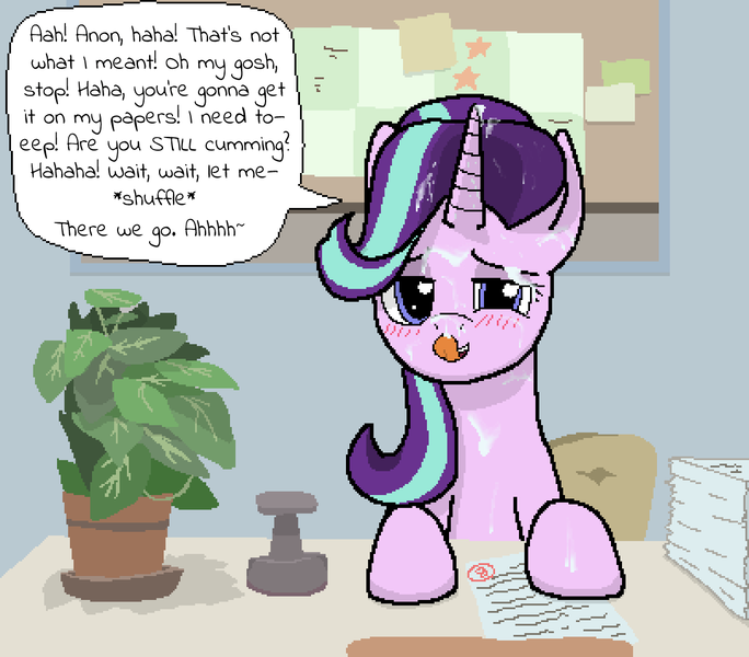 Size: 1221x1071 | Tagged: explicit, artist:realdash, derpibooru import, phyllis, starlight glimmer, pony, unicorn, bedroom eyes, blushing, cum, cum on body, cum on ear, cum on hair, cum on horn, cum on tongue, cute, dialogue, explicit source, facial, female, glimmerbetes, horn, image, implied anon, looking at you, mare, office, open mouth, png, school of friendship, sitting, solo, stamp, starlight's office, story included, talking to viewer