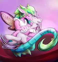 Size: 1324x1432 | Tagged: safe, artist:testostepone, derpibooru import, oc, oc:season's greetings, oc:yiazmat, draconequus, pony, unicorn, coiling, couple, draconequus oc, female, holding a pony, horn, horns, husband and wife, image, kissing, male, married couple, png, romance, romantic, shipping, tail, unicorn oc