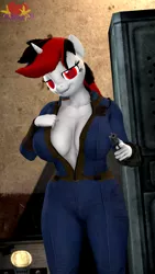 Size: 2160x3840 | Tagged: suggestive, alternate version, artist:marianokun, derpibooru import, oc, oc:littlepip, anthro, unicorn, fallout equestria, fallout equestria: project horizons, 3d, aiming, bedroom eyes, breasts, clothes, fanfic art, gun, handgun, horn, image, jumpsuit, looking at you, pistol, png, presenting, radio, smiling, source filmmaker, vault suit, weapon