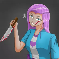 Size: 1024x1024 | Tagged: semi-grimdark, artist:lencai123, derpibooru import, pinkie pie, human, blood, clothes, female, humanized, image, jpeg, knife, pinkamena diane pie, solo