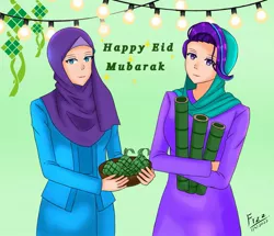 Size: 1661x1429 | Tagged: safe, artist:lencai123, derpibooru import, rarity, starlight glimmer, human, duo, eid mubarak, female, hijab, humanized, image, jpeg