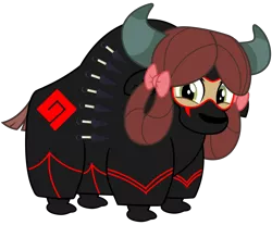 Size: 3500x2900 | Tagged: safe, artist:ponygamer2020, derpibooru import, yona, yak, school daze, :p, clothes, cloven hooves, crossover, cute, female, happy, image, kunai, looking at you, monkey swings, ninja, nose, png, randy cunningham: 9th grade ninja, scarf, silly, simple background, solo, suit, tongue out, transparent background, vector, weapon, yonadorable