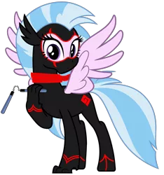 Size: 3000x3200 | Tagged: safe, artist:ponygamer2020, derpibooru import, silverstream, classical hippogriff, hippogriff, school daze, clothes, crossover, cute, excited, female, gasp, happy, image, looking at you, ninja, nunchucks, png, randy cunningham: 9th grade ninja, scarf, silly, simple background, solo, spread wings, suit, transparent background, vector, weapon, wings