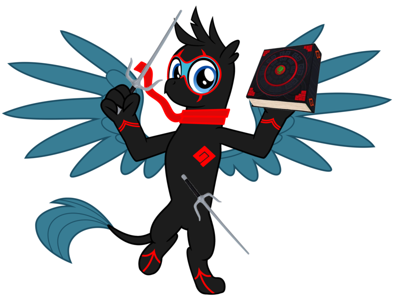Size: 4200x3200 | Tagged: safe, artist:ponygamer2020, derpibooru import, gallus, gryphon, school daze, book, claws, clothes, crossover, cute, gallabetes, image, looking at you, male, ninja, ninjanomicon, png, randy cunningham: 9th grade ninja, sai, scarf, simple background, solo, spread wings, suit, transparent background, vector, weapon, wings