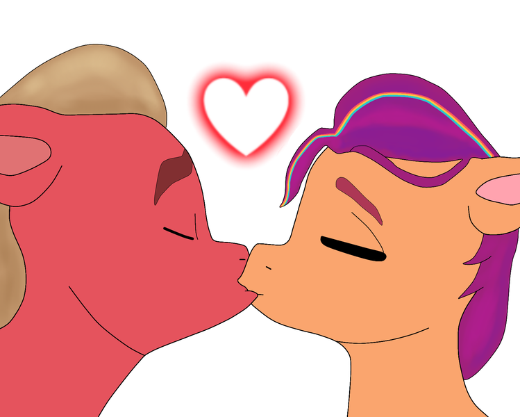 Size: 1686x1350 | Tagged: safe, artist:sproutscoutotp, derpibooru import, sprout cloverleaf, sunny starscout, earth pony, pony, my little pony: a new generation, blonde mane, eyes closed, female, g5, heart, image, kissing, male, orange coat, png, purple mane, red coat, shipping, simple background, straight, sunnysprout