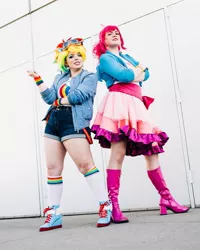 Size: 1080x1349 | Tagged: safe, artist:roseygcosplay, derpibooru import, pinkie pie, rainbow dash, human, boots, clothes, cosplay, costume, duo, goggles, high heel boots, image, irl, irl human, jpeg, multicolored hair, photo, rainbow hair, shoes
