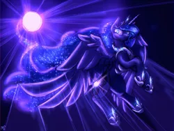 Size: 2048x1536 | Tagged: safe, artist:mystyswirl, derpibooru import, princess luna, alicorn, pony, blue mane, blue tail, crown, digital art, ethereal mane, feather, female, flowing mane, flowing tail, flying, gem, glow, high res, hoof shoes, horn, image, jewelry, looking at you, mare, moon, moonlight, night, peytral, png, redraw, regalia, signature, sky, solo, sparkles, spread wings, starry mane, starry tail, tail, wings