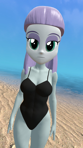Size: 1080x1920 | Tagged: suggestive, artist:oatmeal!, derpibooru import, maud pie, human, equestria girls, 3d, beach, black swimsuit, breasts, cleavage, clothes, gmod, image, ocean, one-piece swimsuit, png, sexy, solo, swimsuit, water, wide hips