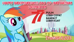 Size: 3413x1920 | Tagged: safe, derpibooru import, edit, edited edit, edited screencap, editor:itsmgh1203, screencap, rainbow dash, pegasus, pony, season 3, the crystal empire, crystal empire, female, flag, hoof on chest, image, independence day, indonesia, jpeg, mare, smiling, solo