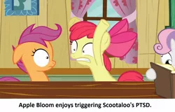 Size: 1280x817 | Tagged: safe, derpibooru import, edit, edited screencap, screencap, apple bloom, scootaloo, sweetie belle, earth pony, pegasus, pony, unicorn, hearts and hooves day (episode), book, clubhouse, crusaders clubhouse, cutie mark crusaders, dark comedy, derpibooru exclusive, female, females only, filly, flailing, foal, image, jpeg, meme, ponestrip, ptsd, reading, shrunken pupils, triggered