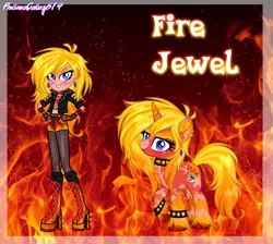 Size: 2120x1896 | Tagged: safe, artist:prismagalaxy514, artist:selenaede, derpibooru import, oc, unofficial characters only, anthro, pony, unicorn, boots, bracelet, choker, clothes, fingerless gloves, fire, gloves, high heel boots, image, jacket, jewelry, leather, leather jacket, piercing, png, shoes, shorts, smiling, smirk, spiked choker