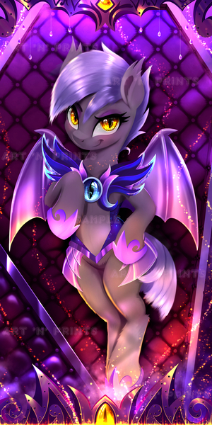 Size: 1329x2658 | Tagged: safe, artist:darksly, derpibooru import, oc, oc:midnight blossom, unofficial characters only, bat pony, pony, armor, bat pony oc, bat wings, bedroom eyes, body pillow, body pillow design, eyeshadow, female, hoof shoes, image, jpeg, looking at you, makeup, mare, solo, wings