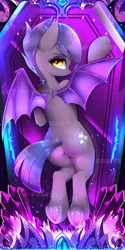 Size: 1329x2658 | Tagged: safe, artist:darksly, derpibooru import, oc, oc:midnight blossom, unofficial characters only, bat pony, pony, ass, back, bat pony oc, bat wings, bedroom eyes, body pillow, body pillow design, butt, female, frog (hoof), image, jpeg, looking at you, mare, plot, solo, underhoof, wings