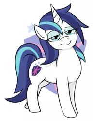 Size: 418x544 | Tagged: safe, artist:jargon scott, derpibooru import, shining armor, pony, unicorn, bedroom eyes, cutie mark background, female, gleaming shield, image, looking at you, mare, png, rule 63, simple background, smiling, smiling at you, solo, white background