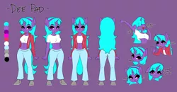 Size: 4571x2370 | Tagged: safe, artist:xfrncstomiku, derpibooru import, oc, oc:dee pad, unofficial characters only, anthro, unicorn, breasts, clothes, female, image, jpeg, midriff, pants, reference sheet, short shirt, solo, sweatpants, yawn