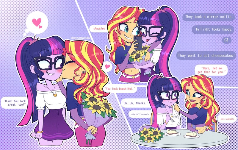 Size: 4096x2579 | Tagged: safe, artist:xfrncstomiku, derpibooru import, sci-twi, sunset shimmer, twilight sparkle, equestria girls, belly button, breasts, female, image, jpeg, kiss on the cheek, kissing, lesbian, midriff, scitwishimmer, shipping, sunsetsparkle