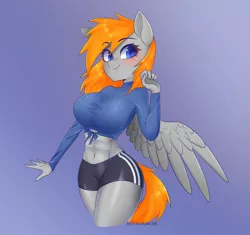 Size: 2048x1924 | Tagged: safe, artist:xfrncstomiku, derpibooru import, oc, oc:rocksy amber, unofficial characters only, anthro, pegasus, abs, belly button, big breasts, breasts, female, image, jpeg, midriff, solo