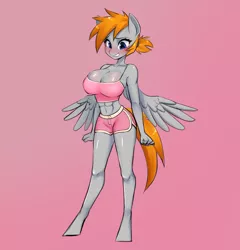 Size: 2073x2160 | Tagged: safe, artist:xfrncstomiku, derpibooru import, oc, oc:rocksy amber, unofficial characters only, anthro, pegasus, unguligrade anthro, abs, belly button, big breasts, breasts, cleavage, clothes, dolphin shorts, image, midriff, png, shorts, side slit, solo, tanktop, tight clothing