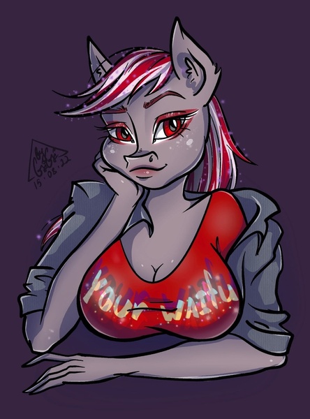 Size: 799x1080 | Tagged: safe, artist:gigisarts, derpibooru import, sugar moonlight, anthro, pony, clothes, everyday boobs, female, g5, image, jpeg, red eyes, red hair, shirt, solo, t-shirt, waifu, white hair