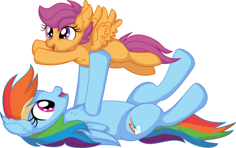 Size: 9053x5695 | Tagged: safe, artist:cyanlightning, derpibooru import, rainbow dash, scootaloo, pegasus, pony, .svg available, absurd resolution, blank flank, duo, ear fluff, female, filly, foal, image, lying down, mare, on back, open mouth, png, scootalove, simple background, smiling, spread wings, transparent background, upsies, vector, wings