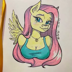 Size: 1280x1280 | Tagged: safe, artist:gigisarts, derpibooru import, fluttershy, anthro, pony, bust, everyday boobs, female, image, jpeg, portrait, red eyes, red hair, solo, waifu, white hair