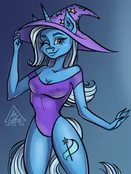 Size: 810x1080 | Tagged: safe, artist:gigisarts, derpibooru import, trixie, anthro, blue body, breasts, busty trixie, clothes, hat, image, jpeg, simple background, trixie's hat