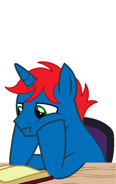 Size: 691x1098 | Tagged: safe, artist:ry-bluepony1, artist:sillygutz, derpibooru import, oc, oc:train track, unofficial characters only, unicorn, base used, book, chair, hair, image, mane, paper, png, reading, show accurate, simple background, solo, table, tail, transparent background, wood