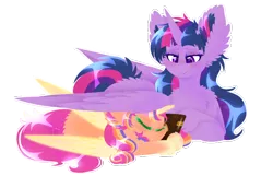 Size: 764x492 | Tagged: safe, artist:vanillaswirl6, derpibooru import, sunny starscout, twilight sparkle, twilight sparkle (alicorn), alicorn, pony, g5, hug, image, png, sleeping, winghug, wings