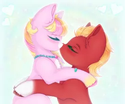 Size: 1200x1000 | Tagged: safe, artist:saltyvity, derpibooru import, sprout cloverleaf, oc, oc:malarkey, earth pony, pony, my little pony: a new generation, bandage, blushing, commission, cute, ear fluff, embarrassed, g5, heart, image, jewelry, kissing, love, male, necklace, png, rainbow, romantic, sparkles, sprout, stallion, yellow mane