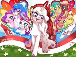 Size: 2048x1536 | Tagged: safe, artist:puyohh, derpibooru import, hitch trailblazer, izzy moonbow, pipp petals, sprout cloverleaf, sunny starscout, zipp storm, oc, oc:indonisty, ponified, alicorn, earth pony, pegasus, pony, unicorn, 77th, alicornified, applejack (g5 concept leak), applejack (g5), banner, blue sky, cloud, colored wings, flag, flower, fluttershy (g5 concept leak), fluttershy (g5), folded wings, g5, g5 concept leaks, grass, horn, image, independence day, indonesia, indonesian, mane five (g5), mane six (g5), multicolored wings, nation ponies, orange coat, pink coat, pinkie pie (g5 concept leak), pinkie pie (g5), png, purple coat, race swap, rainbow dash (g5 concept leak), rainbow dash (g5), rainbow wings, rarity (g5 concept leak), rarity (g5), red, red coat, spread wings, twilight sparkle (g5 concept leak), twilight sparkle (g5), white, white coat, wings, yellow coat