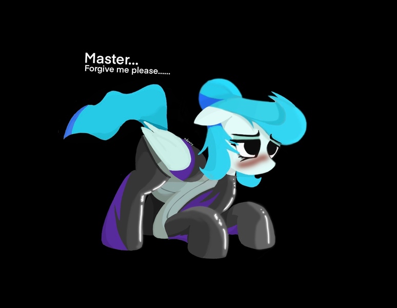 Size: 1682x1304 | Tagged: safe, artist:xdamny, derpibooru import, oc, oc:piva storm, unofficial characters only, pegasus, pony, black background, blushing, bowing, clothes, eyebrows, eyebrows visible through hair, eyeshadow, female, folded wings, image, jpeg, kneeling, latex, latex socks, makeup, mare, master, pegasus oc, signature, simple background, socks, solo, sorry, wings