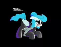 Size: 1682x1304 | Tagged: safe, artist:xdamny, derpibooru import, oc, oc:piva storm, unofficial characters only, pegasus, pony, black background, blushing, bowing, clothes, eyebrows, eyebrows visible through hair, eyeshadow, female, folded wings, image, jpeg, kneeling, latex, latex socks, makeup, mare, master, pegasus oc, signature, simple background, socks, solo, sorry, wings