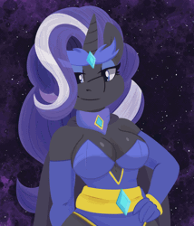 Size: 1714x2000 | Tagged: safe, artist:modularpon, derpibooru import, nightmare rarity, anthro, unicorn, animated, belly button, big breasts, breasts, busty nightmare rarity, cleavage, clothes, detached sleeves, female, gif, grin, hair over one eye, hand on hip, image, laughing, lidded eyes, looking at you, sharp teeth, smiling, smiling at you, solo, teeth