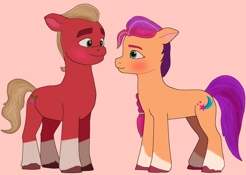 Size: 1687x1197 | Tagged: safe, artist:sproutscoutotp, derpibooru import, sprout cloverleaf, sunny starscout, earth pony, pony, my little pony: a new generation, blonde hair, blushing, coat markings, couple, female, g5, image, looking at each other, looking at someone, male, mare, orange coat, png, purple hair, red coat, shipping, simple background, socks (coat marking), stallion, straight, sunnysprout