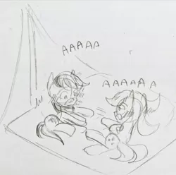 Size: 540x536 | Tagged: safe, artist:appledashdailydoodles, artist:snowzaaah, derpibooru import, applejack, rainbow dash, earth pony, pegasus, pony, appledash, doodle, female, harmony exam au, image, jpeg, lesbian, monochrome, pencil drawing, shipping, sketch, traditional art