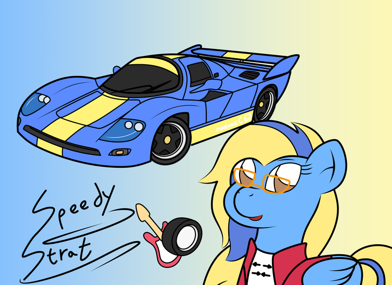 Size: 3509x2550 | Tagged: safe, artist:sparkfler85, derpibooru import, oc, oc:speedy strat, unofficial characters only, pegasus, pony, car, clothes, cutie mark, derpibooru exclusive, female, glasses, gradient background, image, jacket, koenig, koenig c62, pegasus oc, png, shirt, solo, vehicle, wings