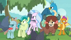 Size: 1920x1080 | Tagged: safe, derpibooru import, screencap, gallus, ocellus, sandbar, silverstream, smolder, yona, changedling, changeling, classical hippogriff, dragon, earth pony, gryphon, hippogriff, pony, yak, non-compete clause, season 8, spoiler:s08, 1080p, 1920x1080, angry, cloven hooves, colt, dragoness, female, foal, frown, gallus is not amused, gritted teeth, hand on hip, image, implied applejack, implied rainbow dash, male, monkey swings, narrowed eyes, ocellus is not amused, png, sandbar is not amused, silverstream is not amused, smolder is not amused, student six, teenager, teeth, unamused, yona is not amused