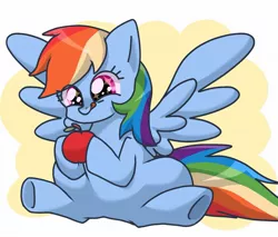 Size: 1779x1515 | Tagged: safe, artist:namaenonaipony, derpibooru import, rainbow dash, pegasus, pony, abstract background, apple, eye clipping through hair, female, food, image, jpeg, looking at something, mare, simple background, sitting, solo, sparkly eyes, spread wings, tongue out, underhoof, white background, wingding eyes, wings