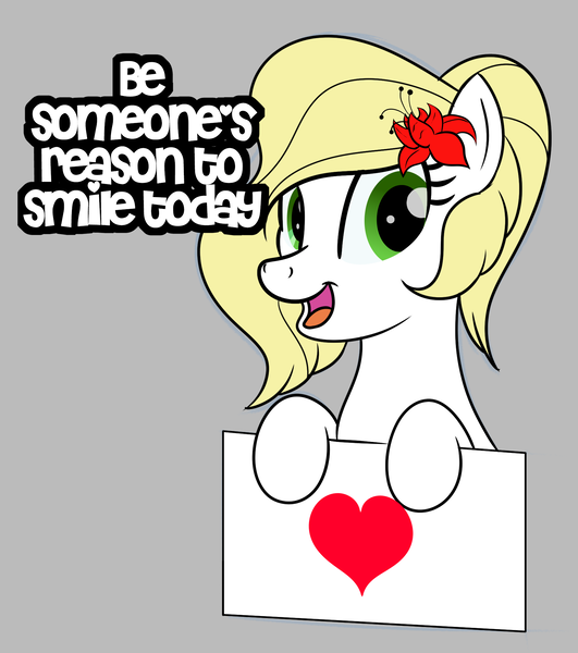 Size: 1770x2001 | Tagged: safe, artist:trash anon, ponybooru import, oc, oc:epithumia, unofficial characters only, earth pony, pony, blonde, blonde mane, caption, earth pony oc, english, flower, flower in hair, gray background, green eyes, heart, image, inspirational, looking at you, open mouth, open smile, png, simple background, smiling, smiling at you, text
