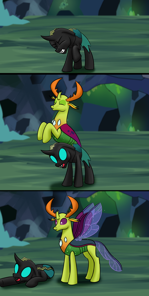 Size: 2422x4812 | Tagged: safe, artist:trash anon, ponybooru import, thorax, changedling, changeling, cave, changeling hive, changeling king, exoskeleton, horns, image, king thorax, male, molting, png, shedding, smiling, solo, wings