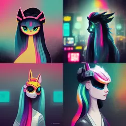 Size: 512x512 | Tagged: safe, derpibooru import, machine learning generated, princess celestia, artificial intelligence, cyberpunk, image, midjourney, neural network, png, variant